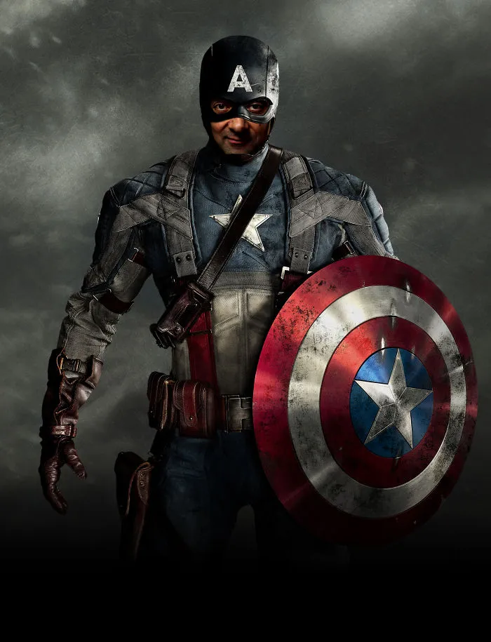 Mr. Bean photoshopped as Captain America, holding the iconic shield with a serious pose against a dark background
