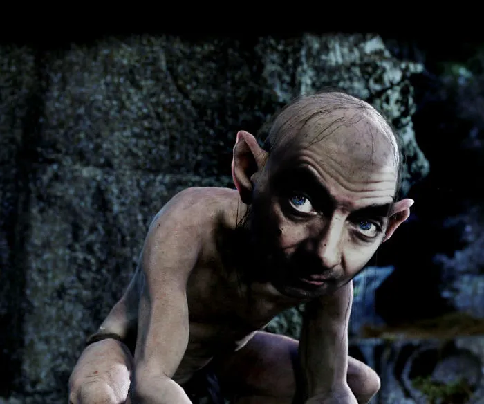 Gollum crouching in a dark cave with Mr. Bean's face photoshopped, showcasing hilarious Mr. Bean edits.