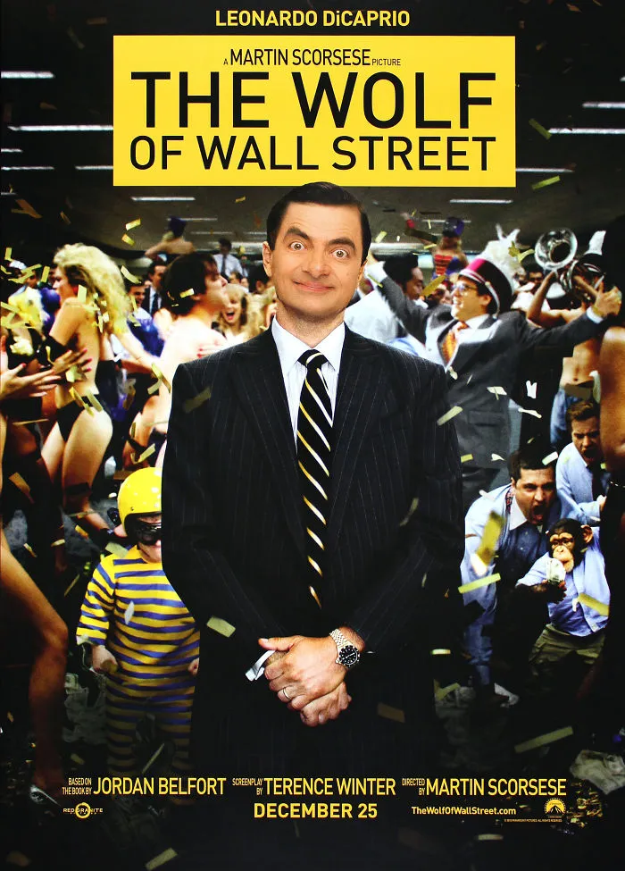 Mr. Bean photoshopped into The Wolf of Wall Street movie poster, standing in a chaotic office party scene.