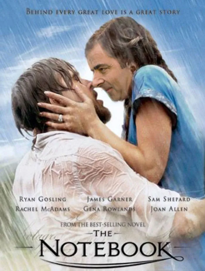 Photoshopped image of Mr. Bean's face on a romantic movie poster, showcasing hilarious people photoshopping Mr. Bean.