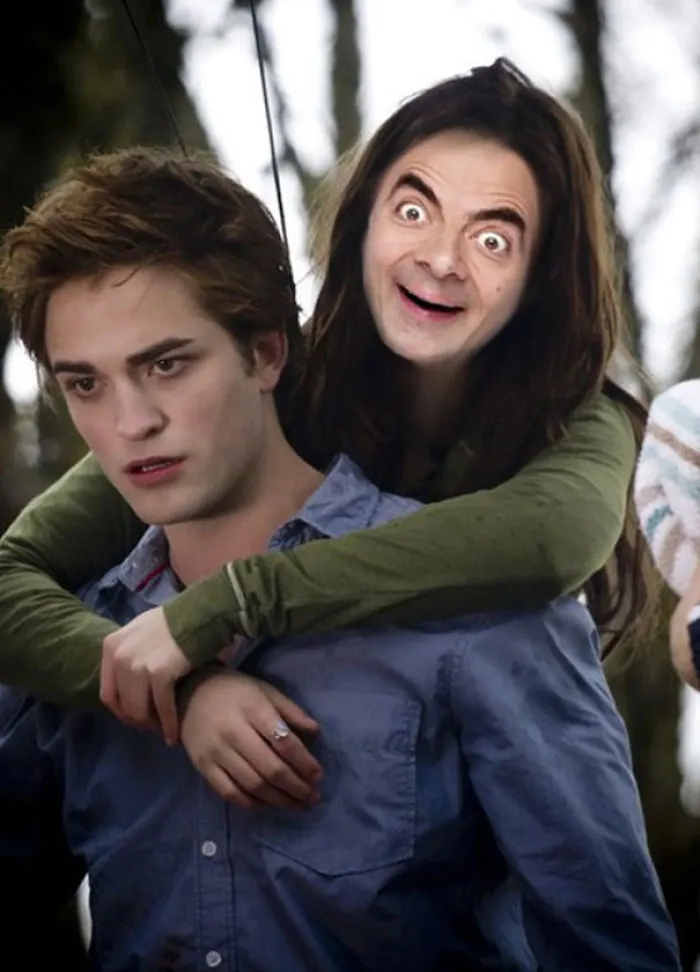 Person carrying another in forest scene with face of Mr. Bean photoshopped, showcasing hilarious Mr. Bean edits.