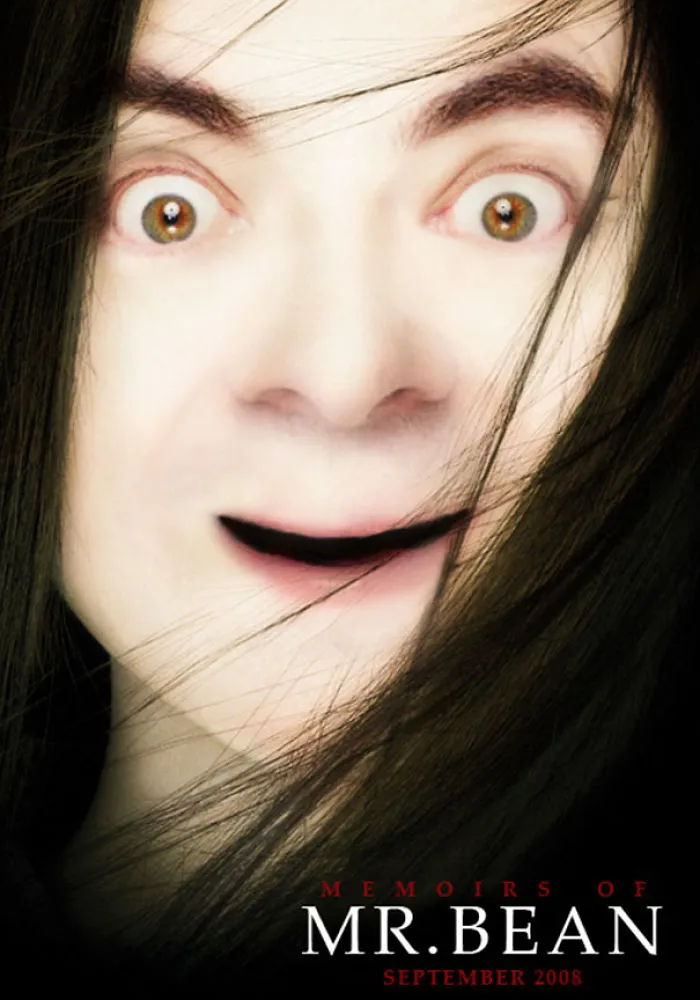 Close-up of a photoshopped Mr. Bean face with wide eyes and a surprised expression in a humorous edit.