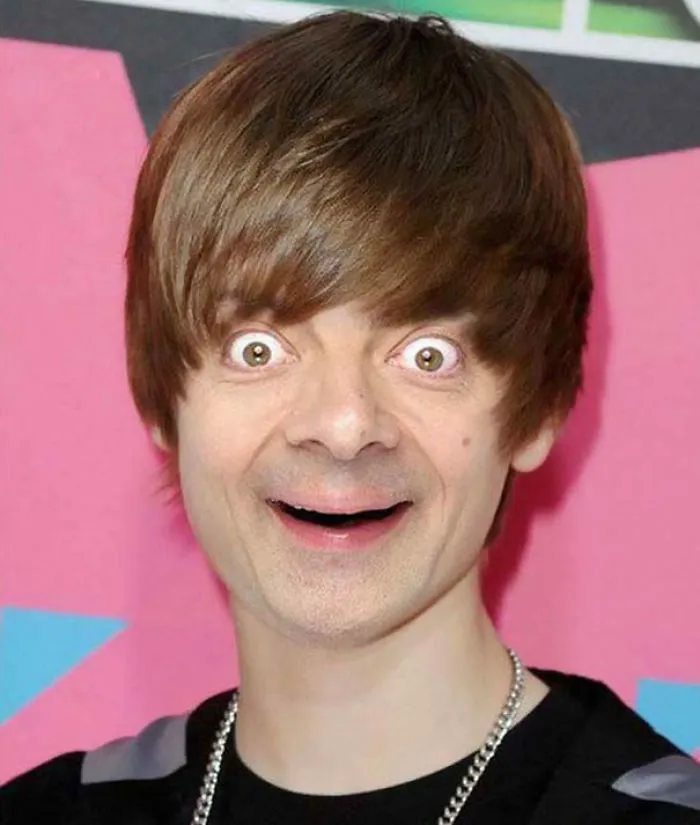 Face mashup of Mr. Bean with another person, showcasing hilarious Photoshop editing of Mr. Bean into things.