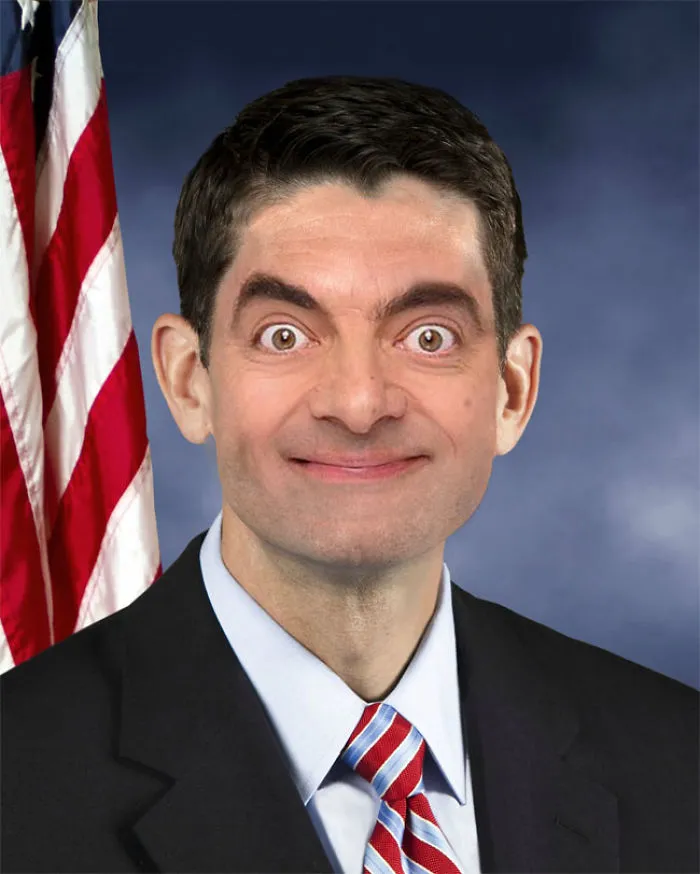 Photoshopped image of Mr. Bean's face on a formal portrait with an American flag background, showcasing hilarious edits.