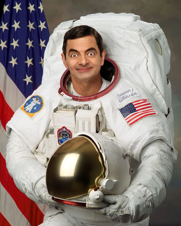 Mr. Bean photoshopped as an astronaut wearing a space suit with the American flag in the background.