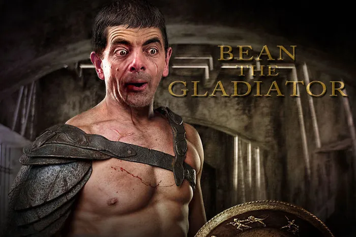 Mr. Bean photoshopped as a gladiator wearing armor and holding a shield in a dramatic arena setting.