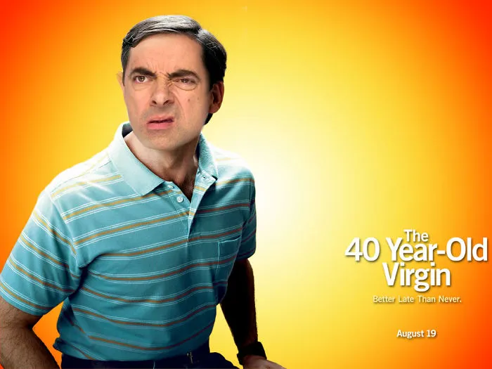 Mr. Bean photoshopped into The 40 Year-Old Virgin movie poster with a confused expression on a yellow background