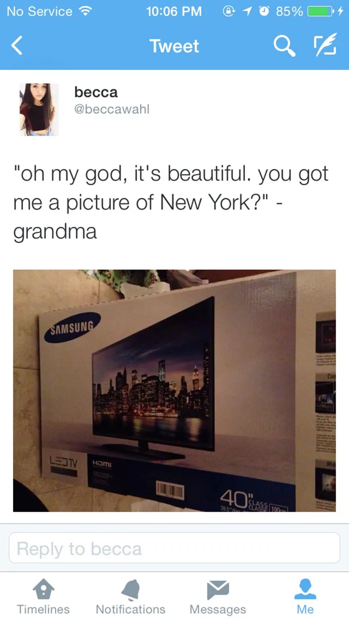 Grandma mistakes a Samsung LED TV box image for a picture of New York, highlighting older people struggling with technology.