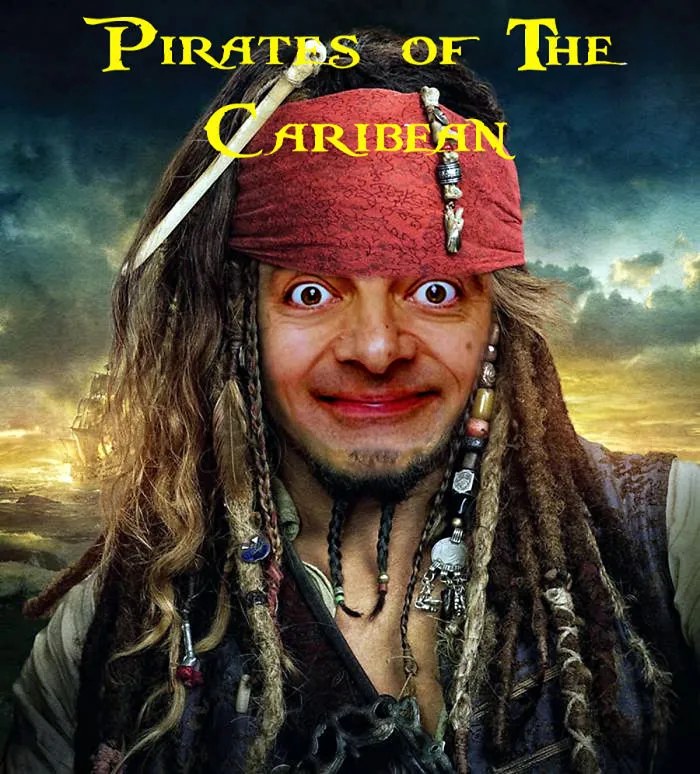 Photoshopped image of Mr. Bean’s face on a pirate character from Pirates of the Caribbean, hilarious mashup.
