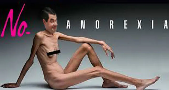 Photoshopped image of Mr. Bean’s head on an extremely thin body with anorexia text in the background.