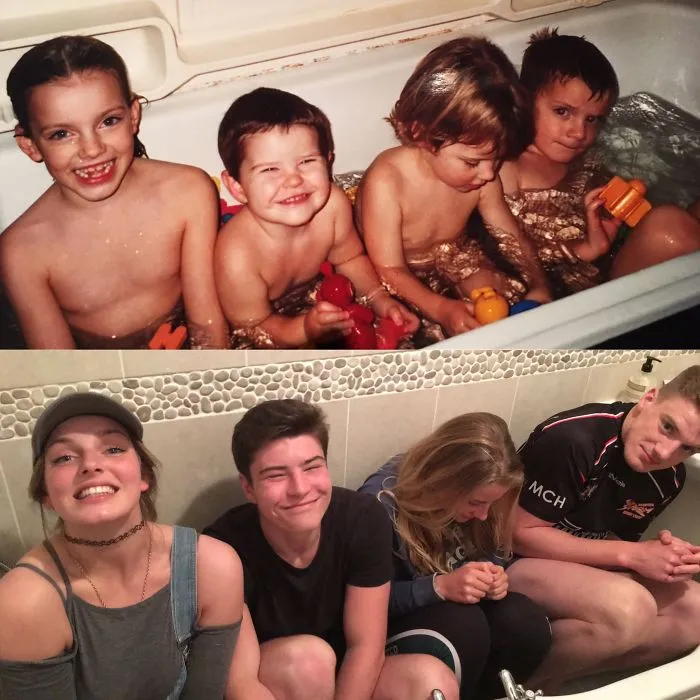 Siblings hilariously recreate childhood bath time photo sitting in bathtub smiling