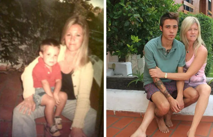 Mother and son recreate old photo seated outdoors in later years