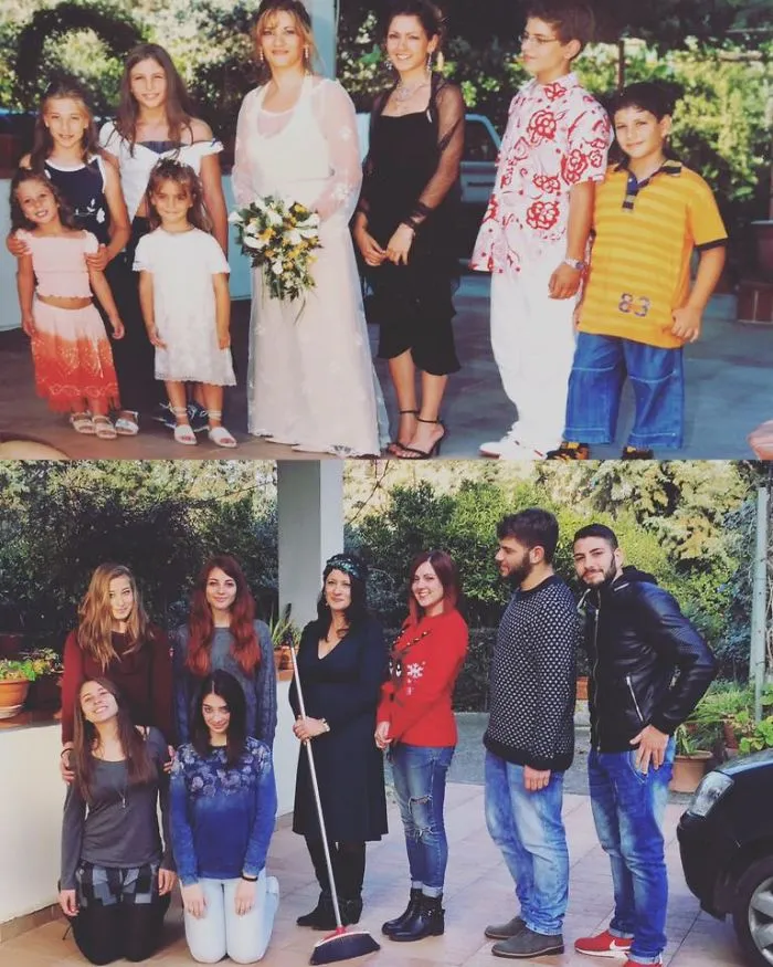 Group of siblings recreate childhood photo at a wedding party