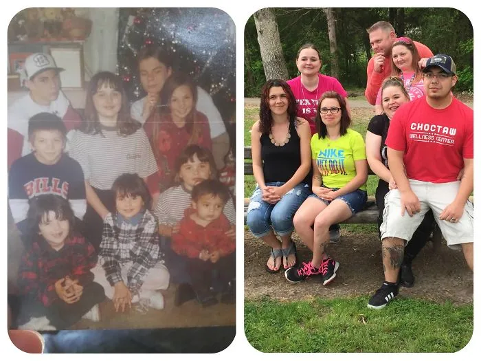 Large group of siblings recreate childhood photo gathering outdoors