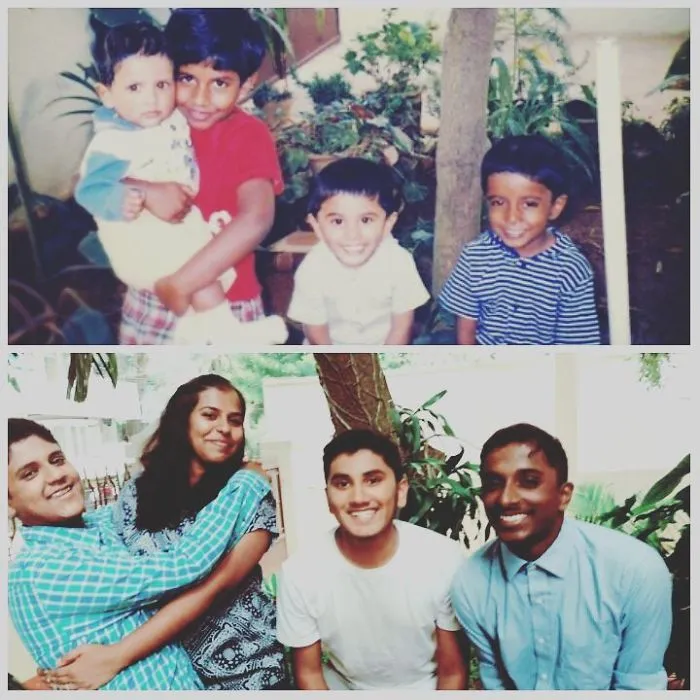 Four siblings smile outdoors with recreated childhood photo of kids