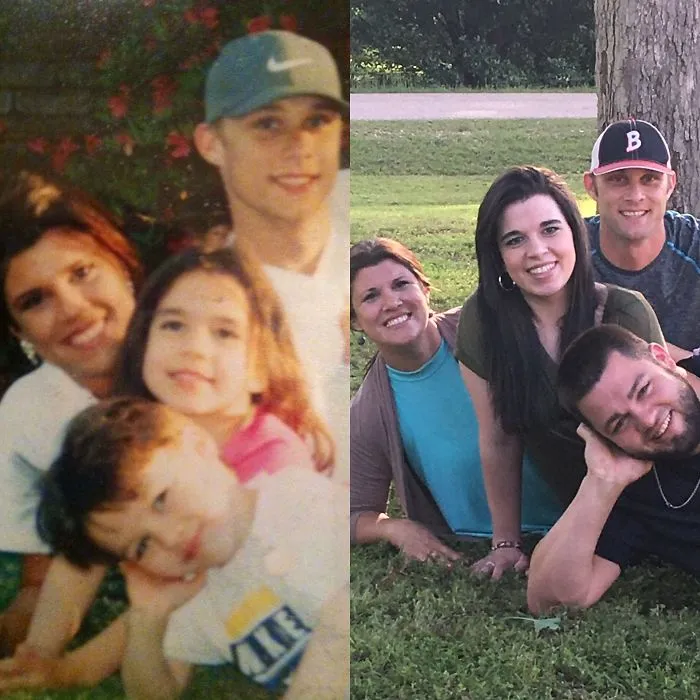 Brothers recreating childhood photo hugging indoors by fireplace
