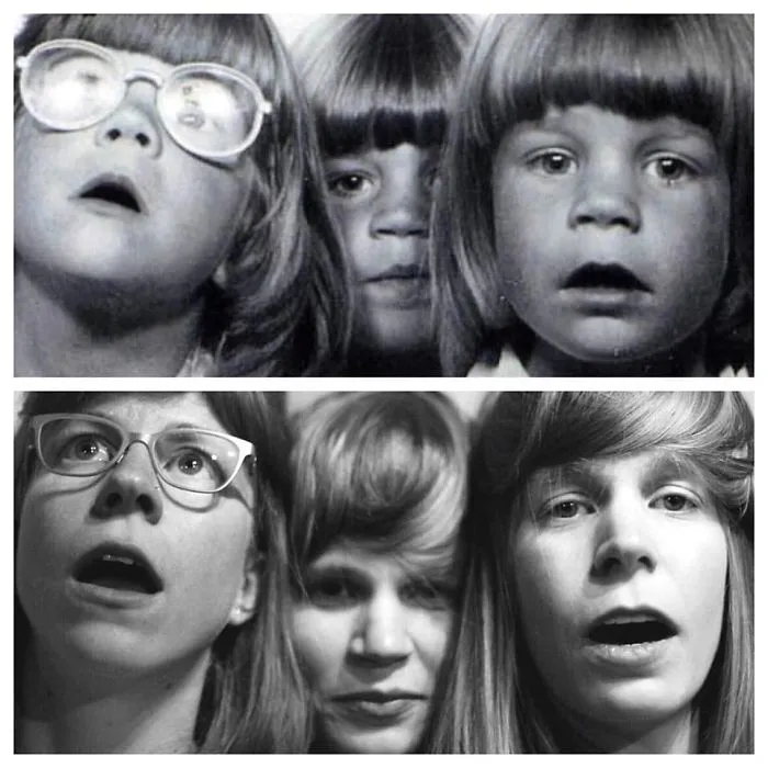 Three siblings with surprised expressions in black and white recreated childhood photo