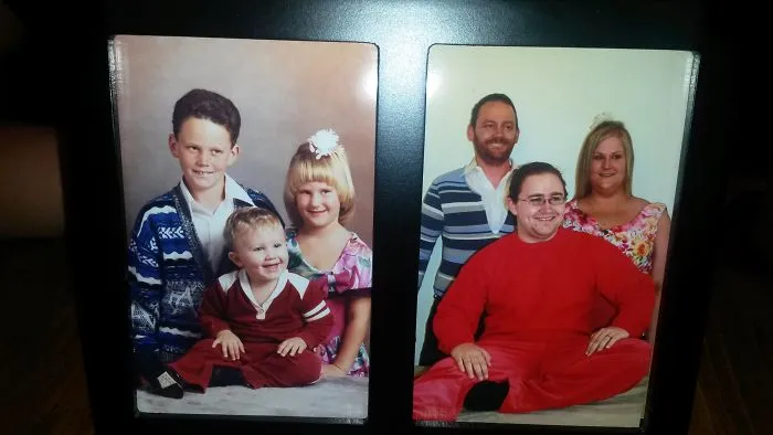 Side by side framed photos of siblings in childhood and adult with similar poses