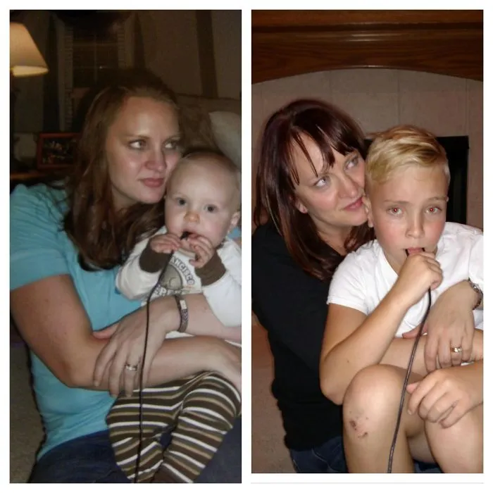 Mother holding baby and grown son mimic childhood photo embrace indoors