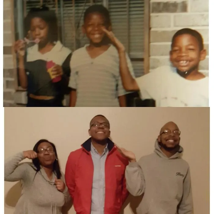 Siblings reenact childhood photo making funny poses on the porch