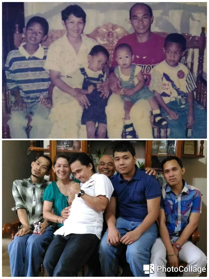 Siblings and parents pose for recreated family photo on a sofa