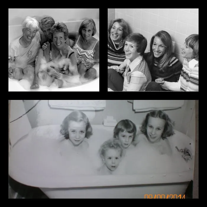 Black and white childhood and adult photos of siblings in bathtub with bubbles