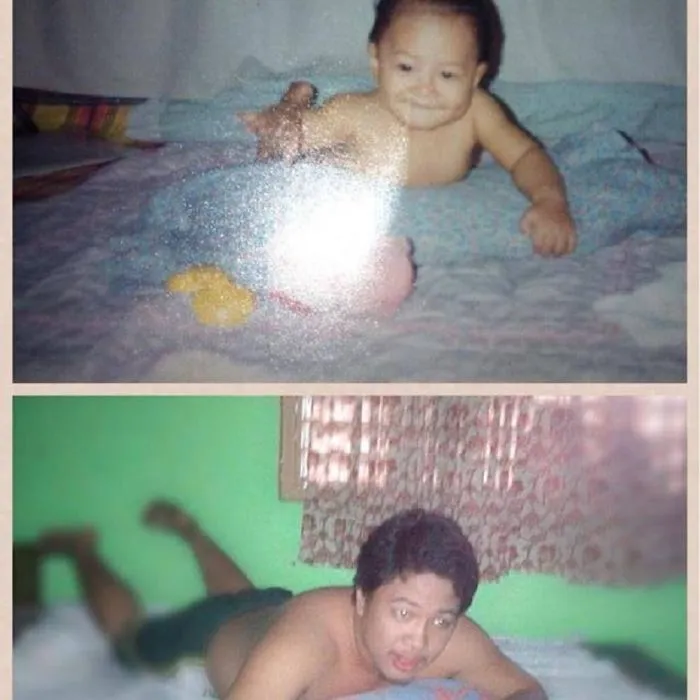 Adult recreates baby photo lying on bed mimicking baby pose