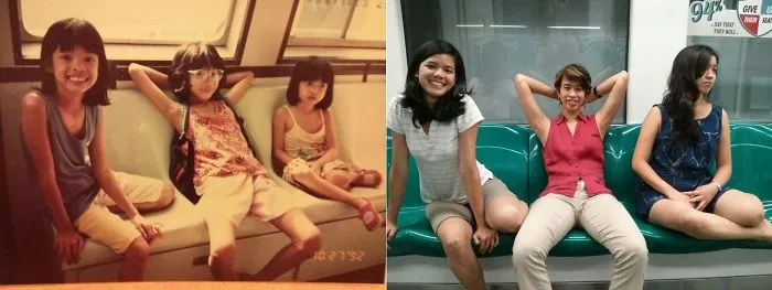Three sisters sitting on subway seats recreating a childhood photo with similar poses
