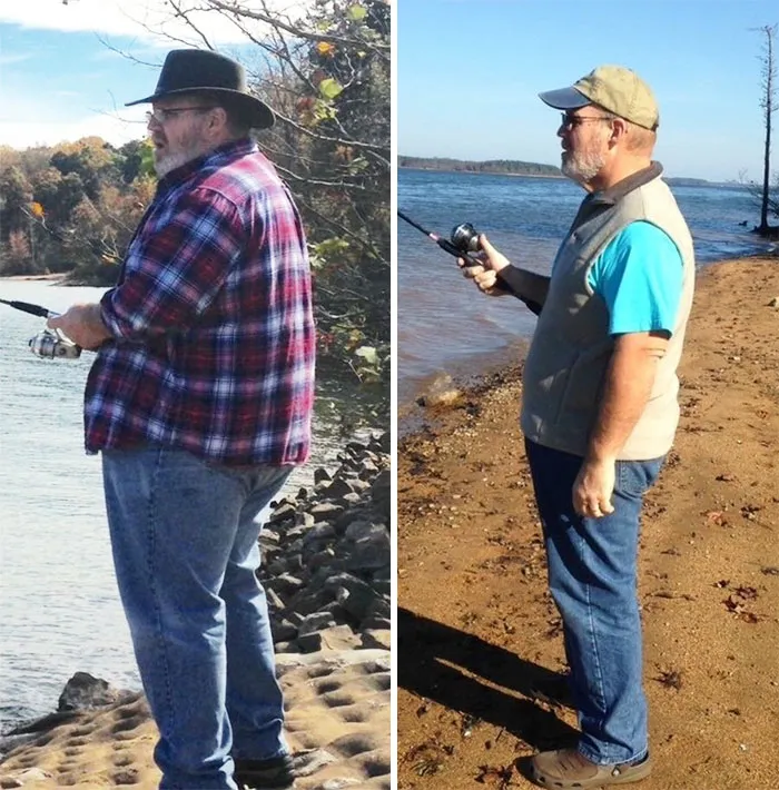 Before-and-after weight loss pics showing the same man fishing by a lake, highlighting his significant transformation.
