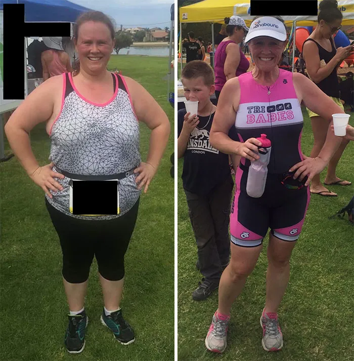 Mi esposa tras su 1ª carrera y un año después, tras finalizar un triatlón