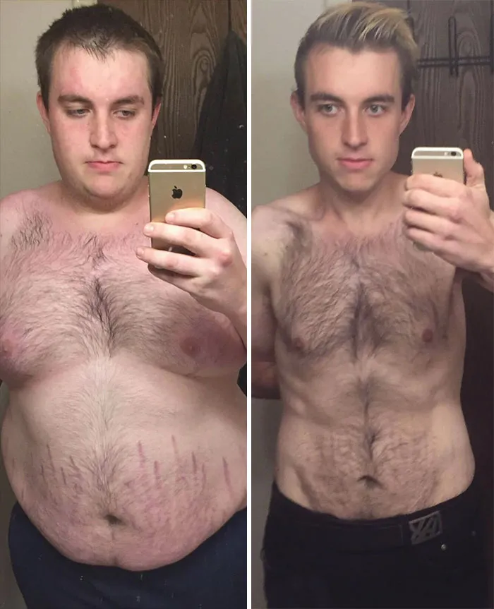 Before-and-after weight loss pics showing the same man’s dramatic transformation in body shape and size.