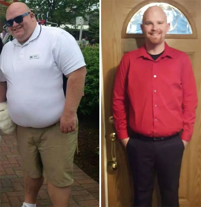 Before-and-after weight loss pics showing the same man’s remarkable transformation wearing different outfits and settings.