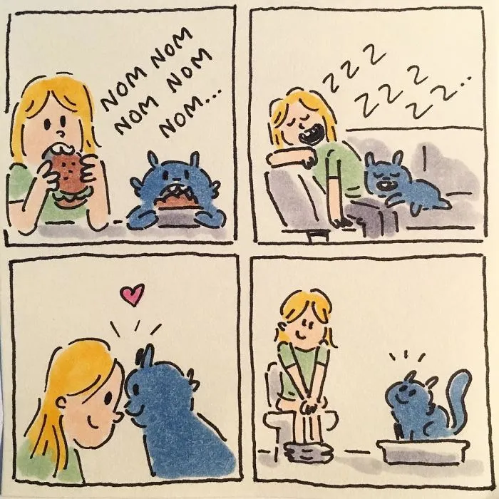 Dibujo lo que es vivir con mis gatos
