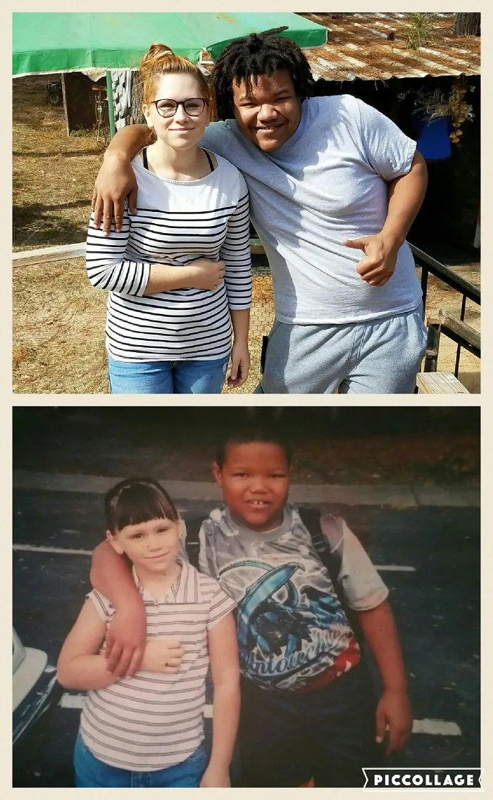 Two siblings posing with birthday cake for recreated childhood photo
