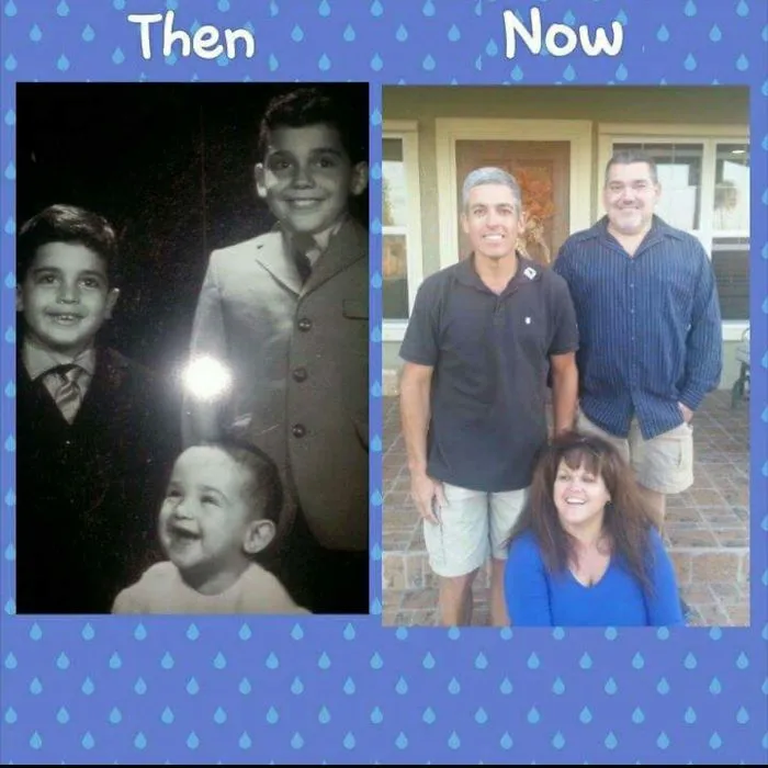 Siblings recreating childhood photo standing in same order indoors