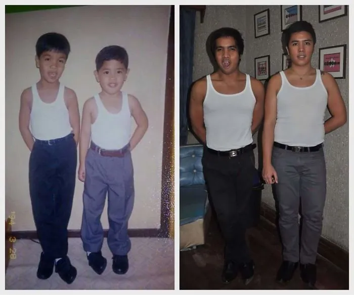 Two siblings wearing tank tops and pants recreating childhood pose indoors