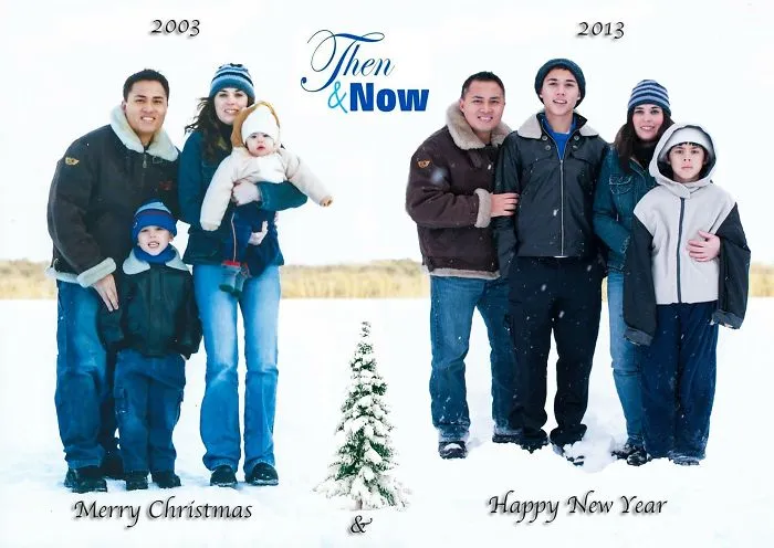 Siblings hilariously recreate childhood Christmas and New Year photos in snowy outdoor setting