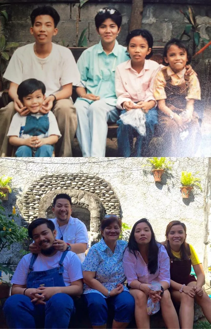 Siblings of different ages posing in outdoor setting for family photo recreation