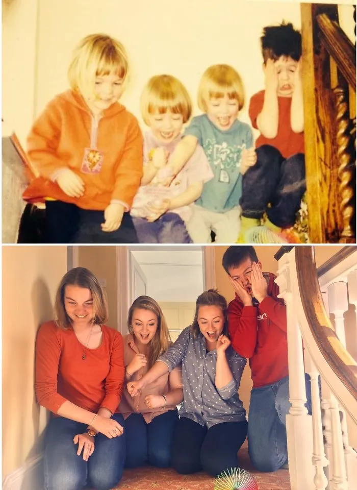 Four siblings laughing on stairs recreating a vintage childhood photo