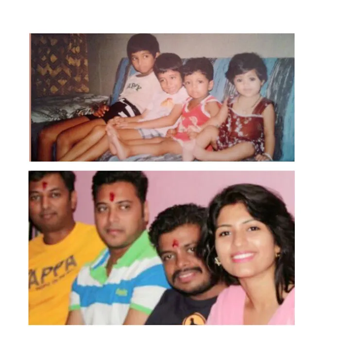 Siblings reenact a group childhood photo sitting close on a couch