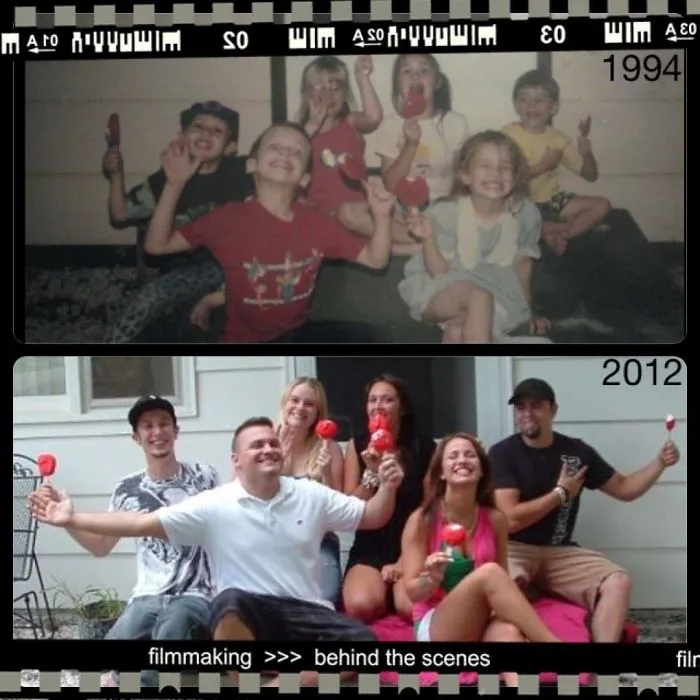 Group of siblings holding popsicles recreating childhood photo from 1994 to 2012