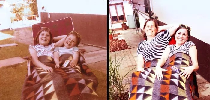 Siblings recreate childhood photo of lounging together with blankets outdoors