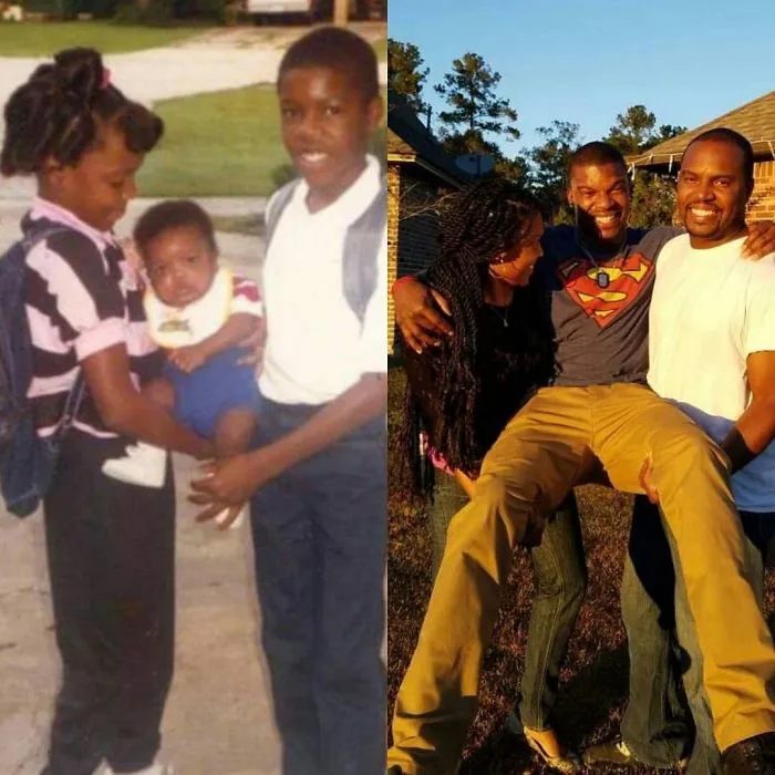 Siblings in backpack and holding baby recreated in adult photo outdoors