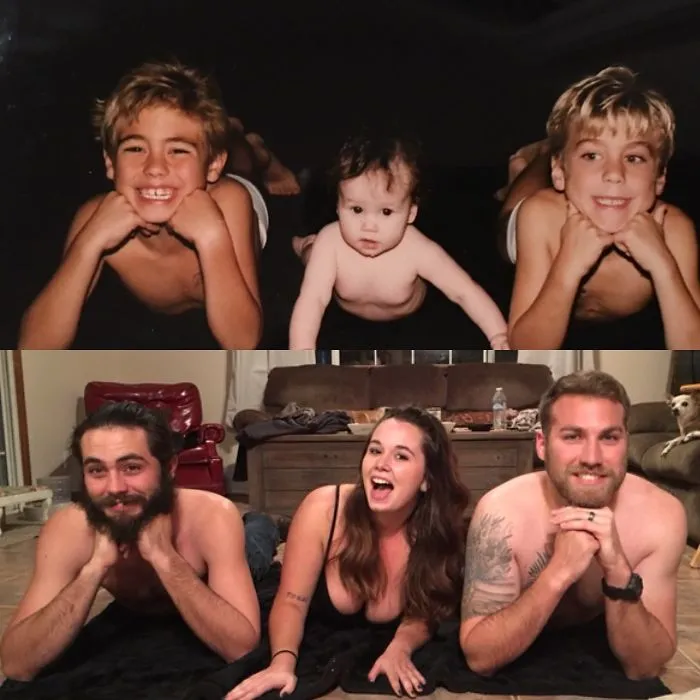 Three siblings recreate childhood photo lying on floor posing with chins on hands
