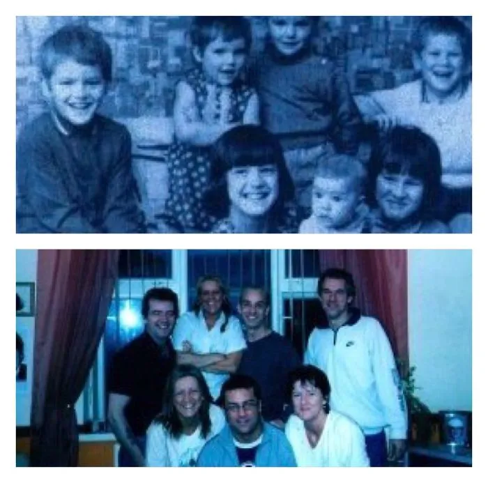 Group photo of siblings smiling as children and adults indoors