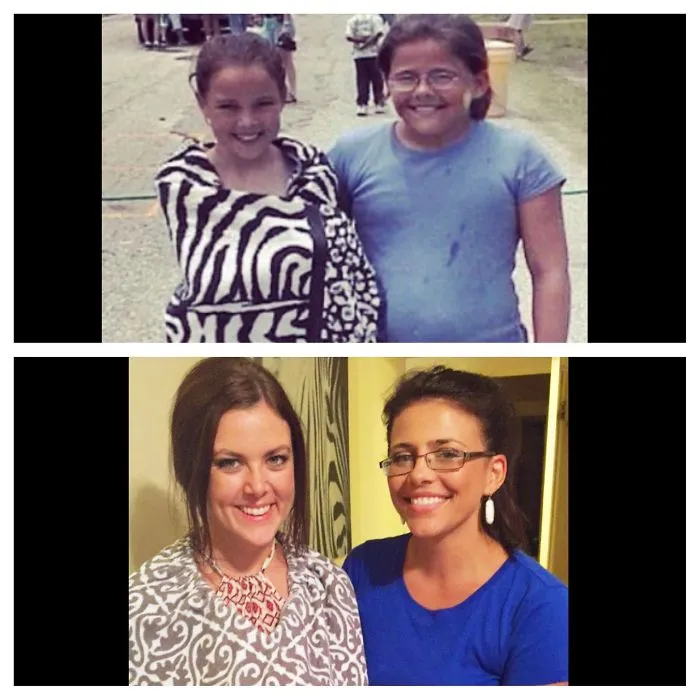 Before and after photos of two sisters smiling outdoors and indoors