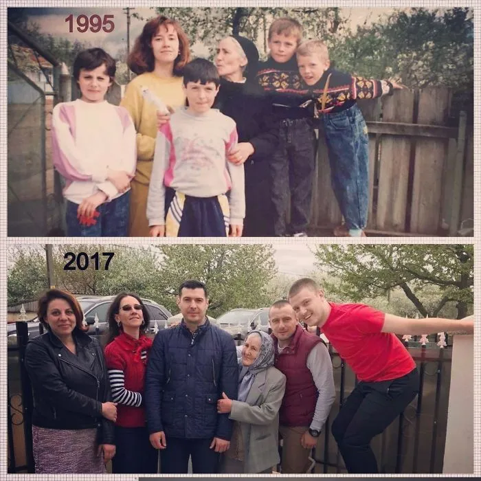 Family recreation of 1995 outdoor group photo with adults in 2017