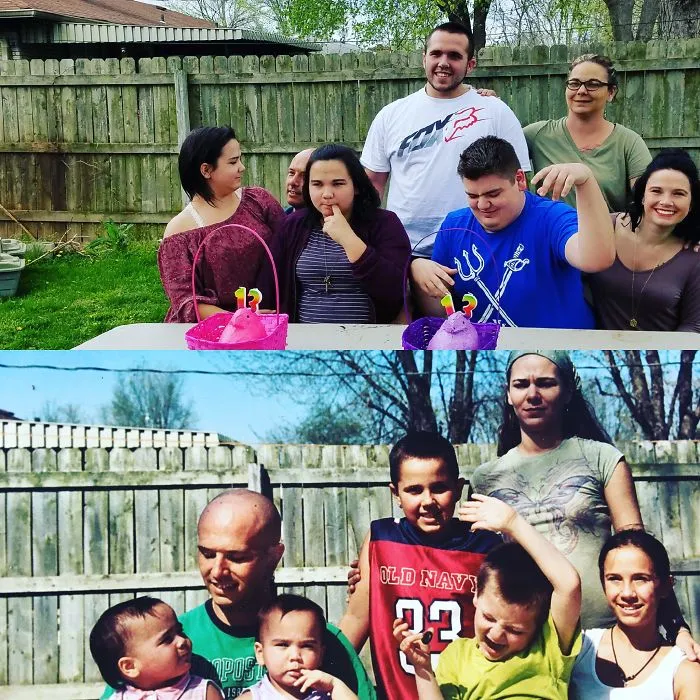Family group gathered at backyard table another group recreating photo