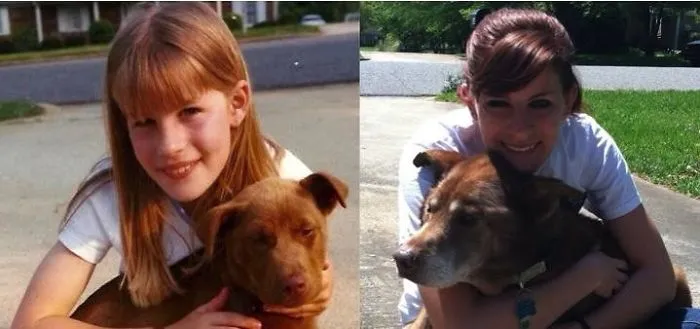 Girl and her dog pose in childhood and adult photos