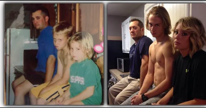 Siblings hilariously recreate their childhood photo sitting together indoors